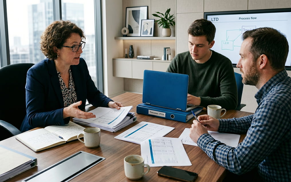 outsourced accounting team discussing financial reports and business performance