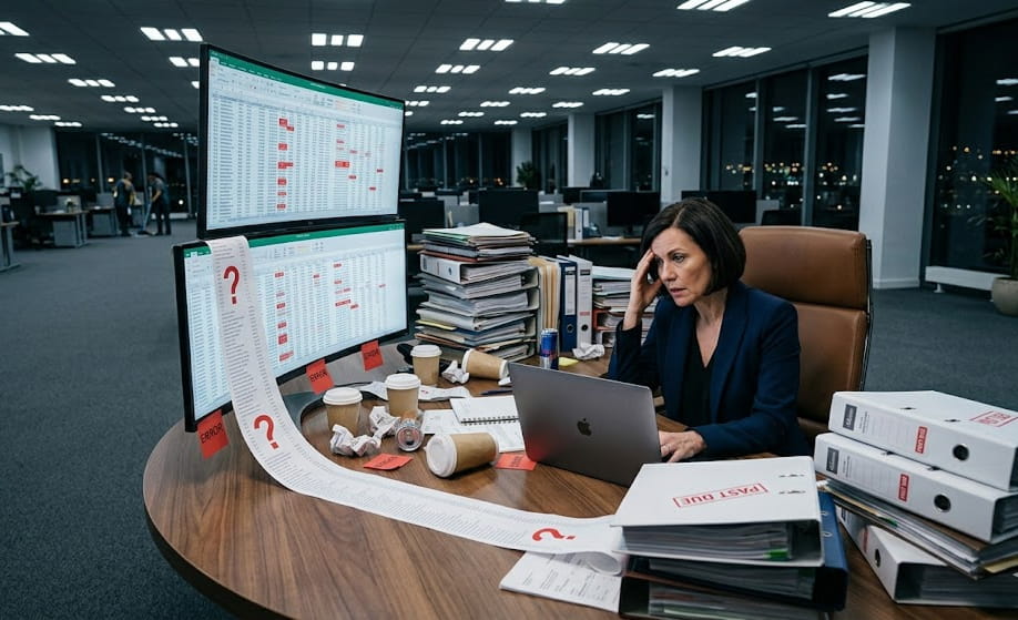 Overwhelmed accountant managing disorganized financial records, representing common challenges in internal bookkeeping and invoice processing.