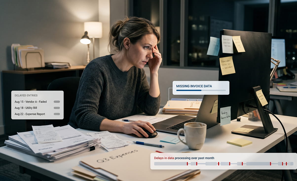 Stressed accountant dealing with missing invoice data and delayed financial reporting, illustrating the need for professional bookkeeping outsourcing.