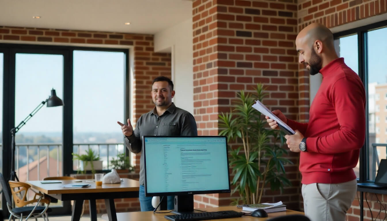 Business professionals collaborating on outsourcing strategy at Transmac office