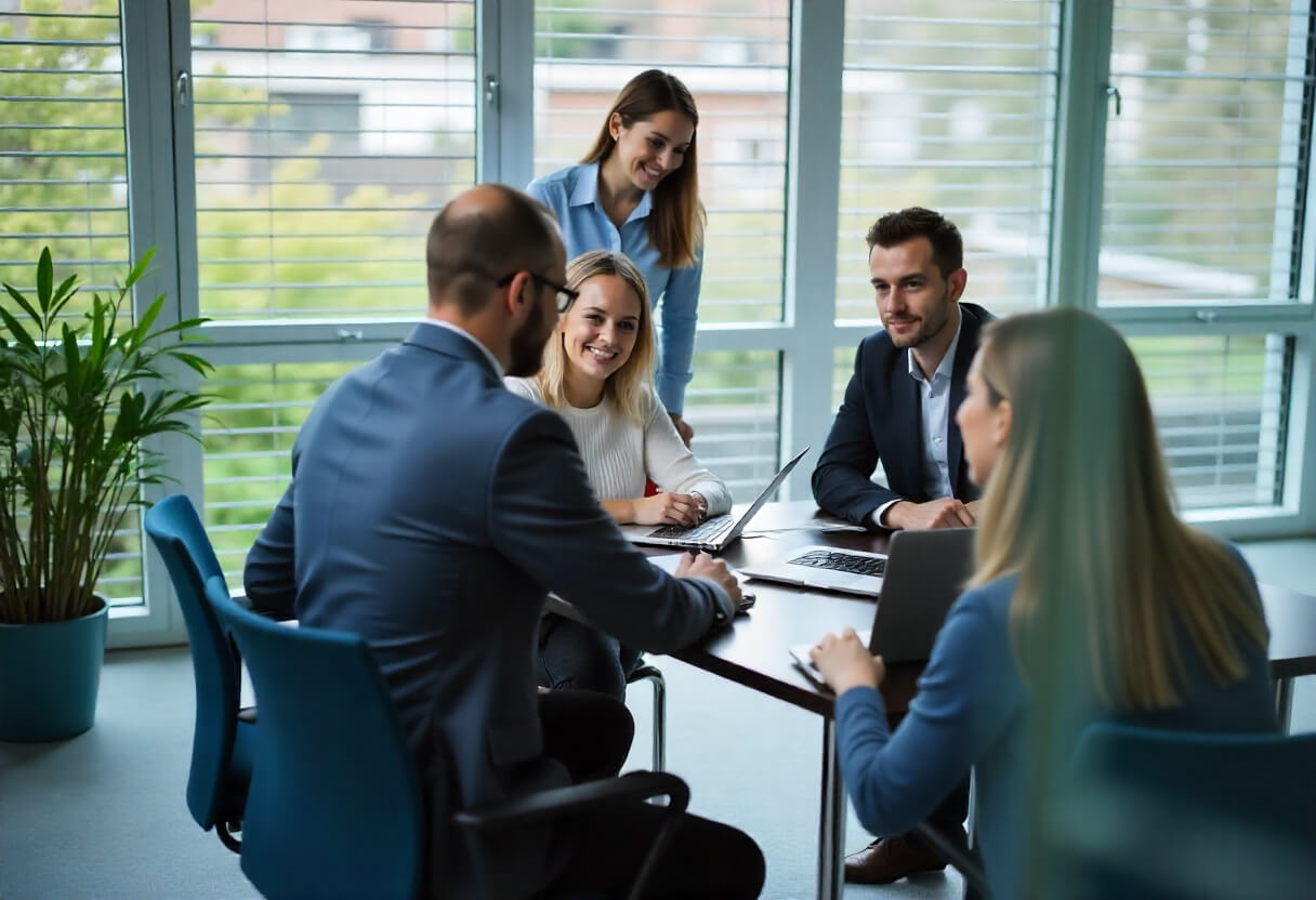 Corporate team planning financial outsourcing solutions in modern office