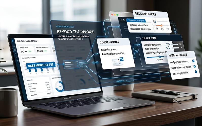 financial dashboard showing accounting costs corrections and workflow processes