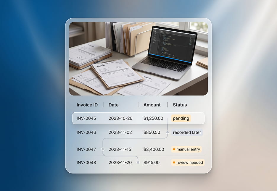 disorganized invoice processing with pending, manual entry and missing data in financial records