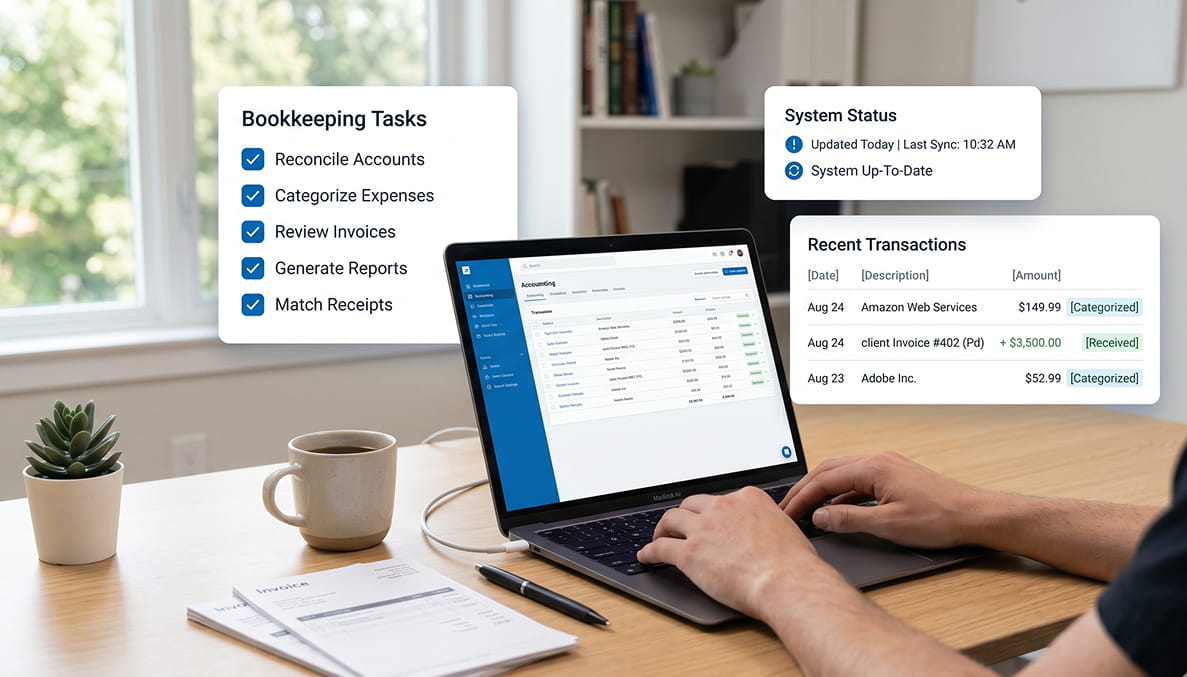 Transmac bookkeeping dashboard showing task management for account reconciliation, invoice review, and financial report generation.