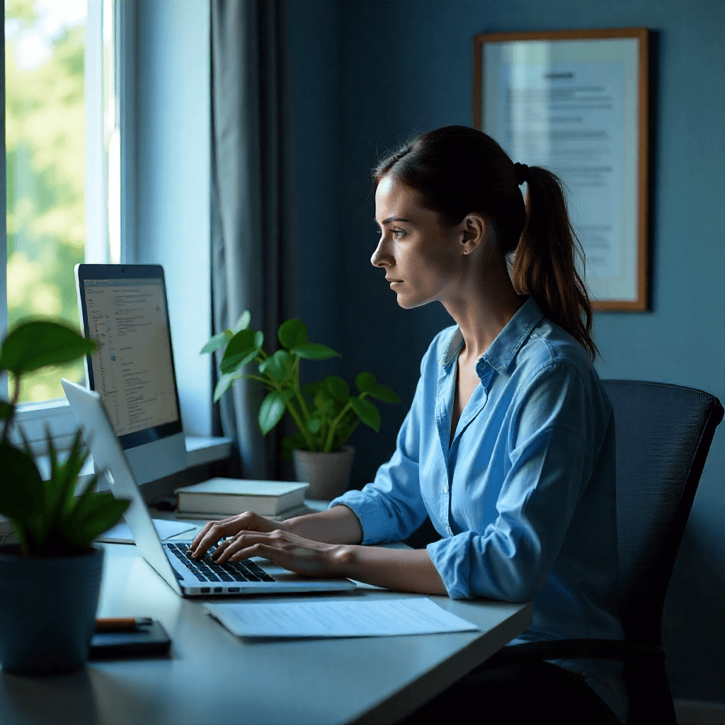 Accounting specialist from Transmac performing bookkeeping and data processing tasks using modern financial software.